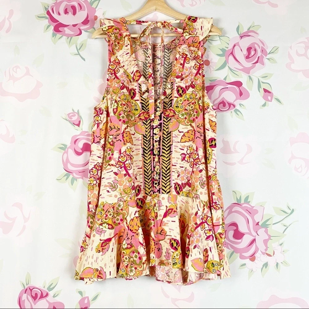 NEW Free People Summer In Tulum Pink Combo Tunic Floral Summer Sleeveless Top XS